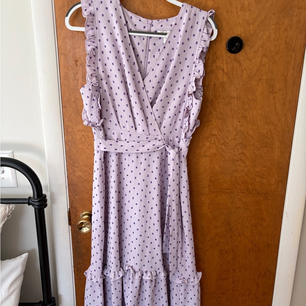 London Times Lavender Wrap Midi Dress with Dark Dot Print